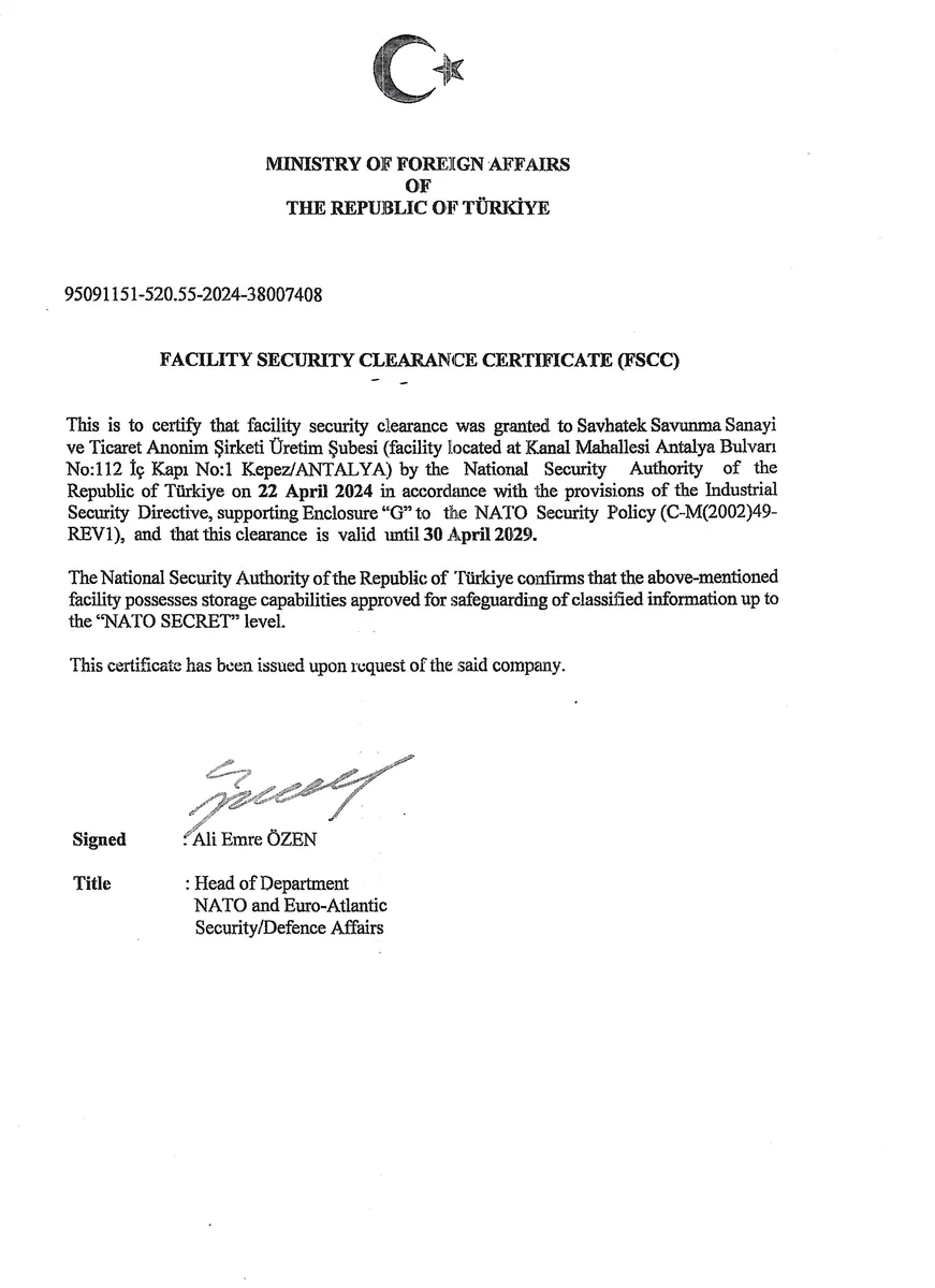 Facility Security Clearance Certificate (FSCC) — Zertifikat